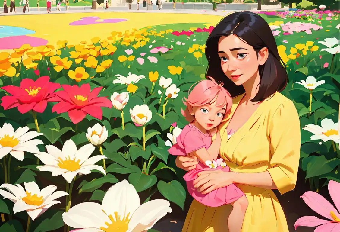 Mother and child holding hands, surrounded by blooming flowers, wearing matching outfits, in a sunny park..