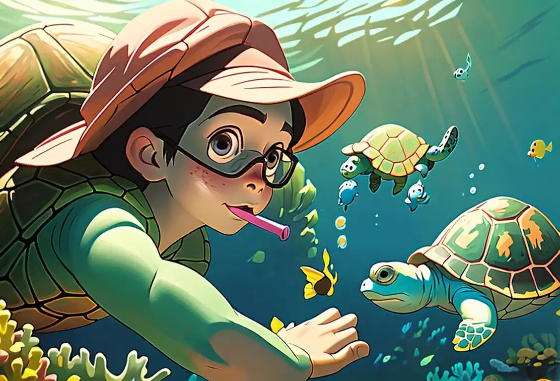 A child with a snorkel, wearing a turtle-themed hat, exploring a vibrant underwater world with turtles..