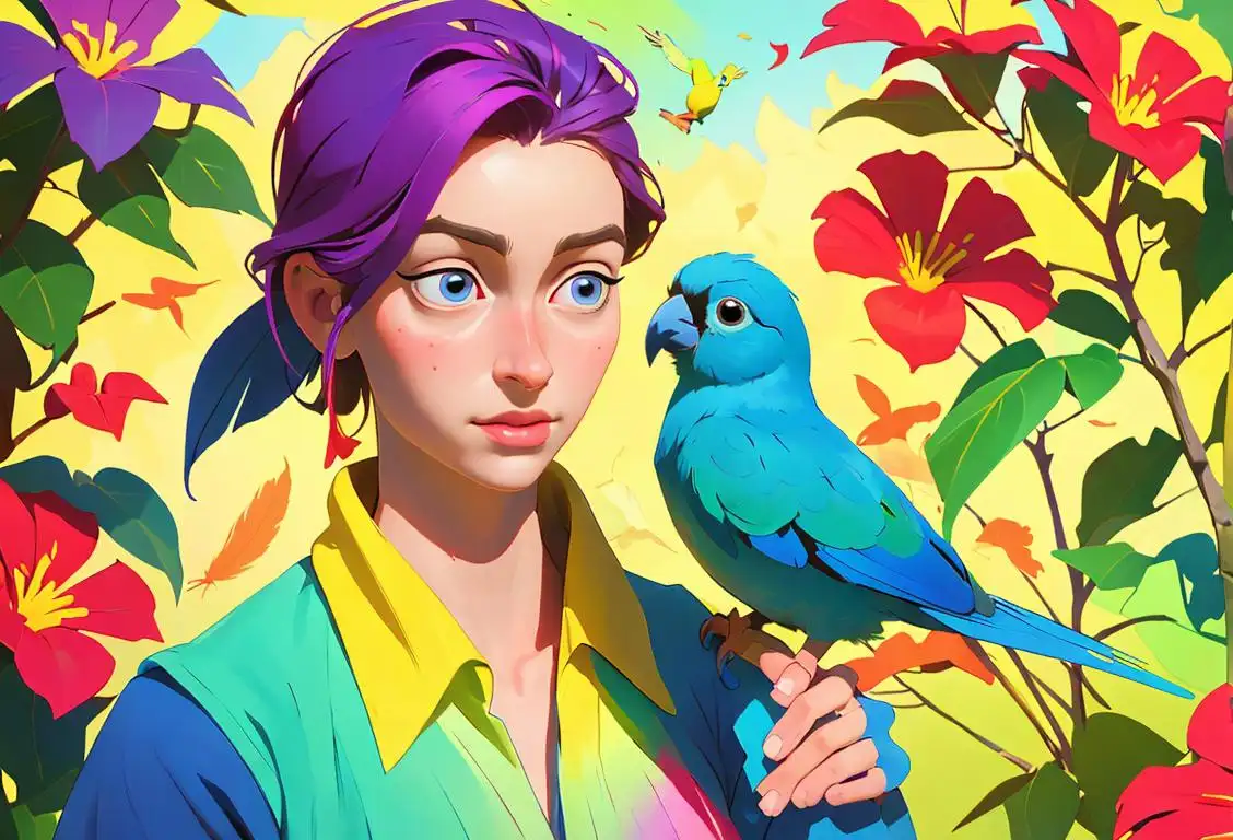 Colorful image of a person with a pet bird on their shoulder, surrounded by vibrant feathers and a garden backdrop..