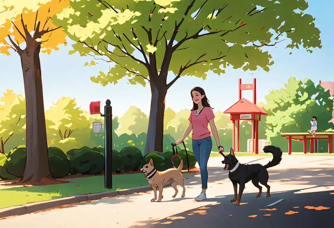 Happy family walking a shelter dog in a park, wearing casual clothes, sunny outdoor setting..