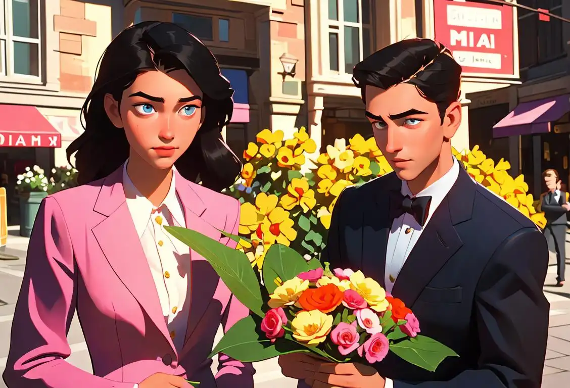 Young man holding a bouquet of flowers, wearing a charming suit, romantic city setting..