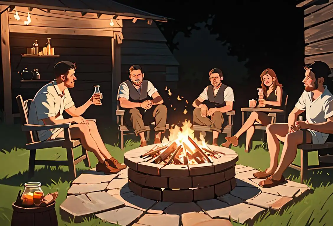 A group of friends sitting around a bonfire, sipping from mason jars, surrounded by rustic homemade moonshine decorations and enjoying the rebellious spirit of National Moonshine Day..