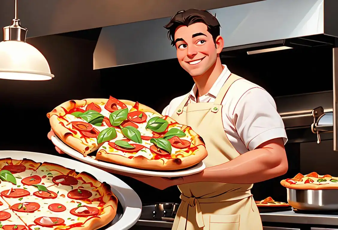 A smiling chef holding a deep-dish pizza, wearing a classic white apron, in a bustling pizzeria kitchen..