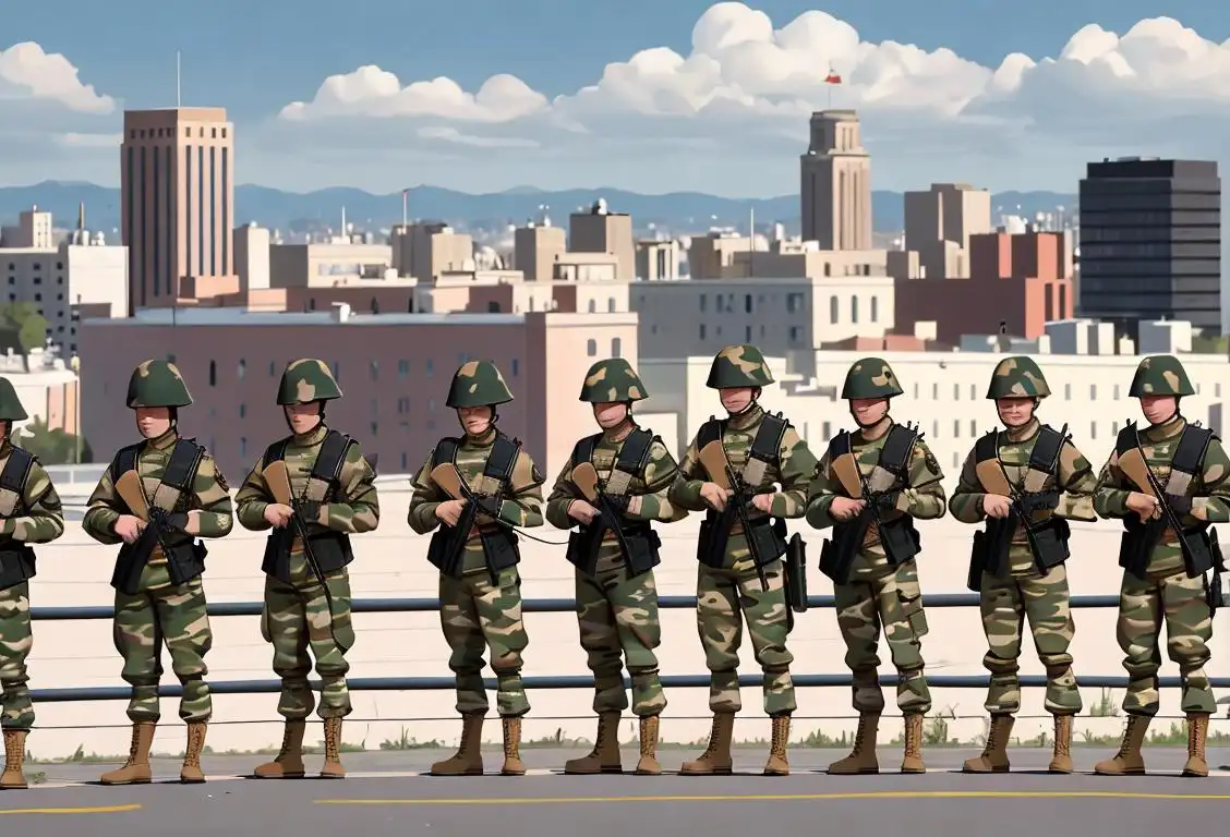 National Guard members standing in formation, wearing camouflage uniforms, in front of a Baltimore cityscape..