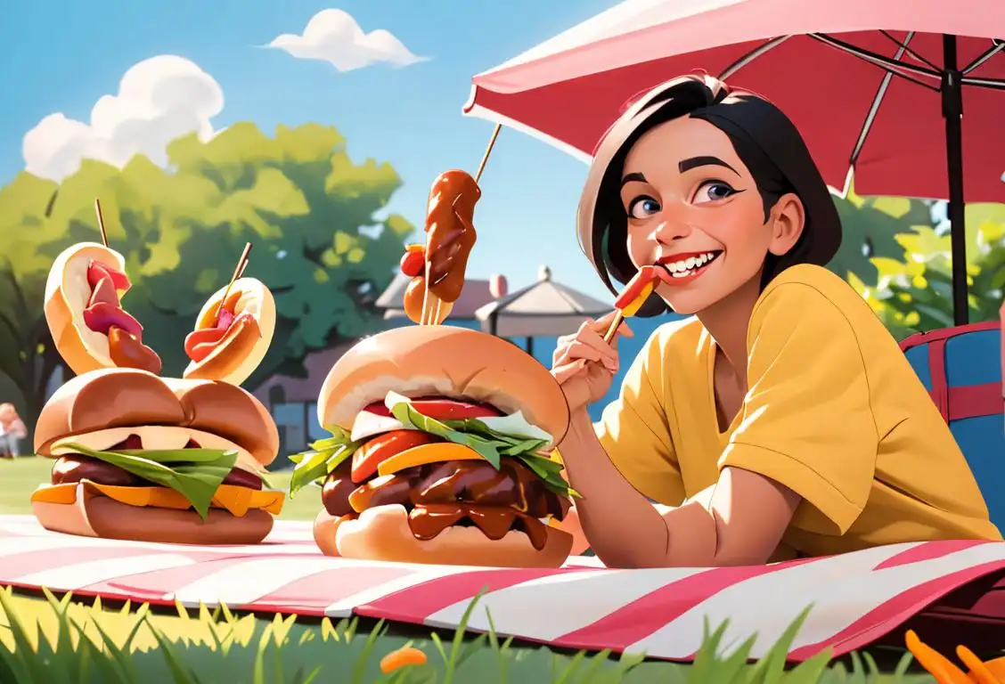 A delightful image of a person enjoying a grilled frankfurter, with a sunny backyard picnic setting. The person is wearing a casual outfit, smiling while taking a bite of the delicious hotdog. The scene is filled with vibrant colors, evoking a joyful atmosphere. Around them, there are various toppings and condiments, showcasing the creative and diverse ways hotdogs can be enjoyed. In the background, friends and family are gathered, also indulging in their mouthwatering frankfurters. The clothing style is laid-back and comfortable, perfect for a relaxed celebration..