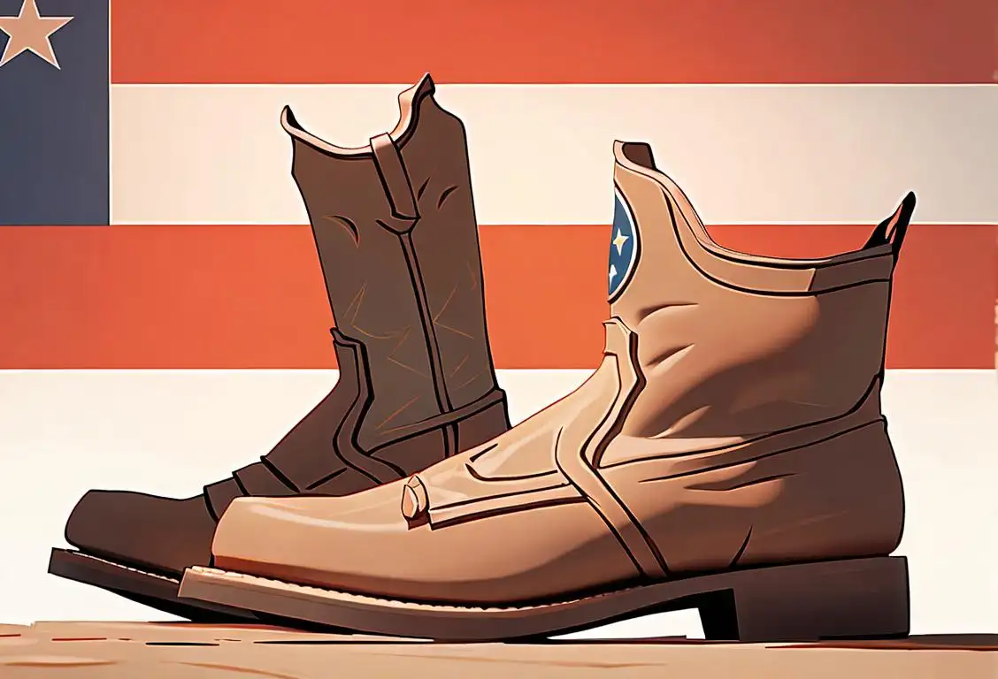 Cowboy boots in front of a Texas flag, with a cowboy hat and a western-style dessert..