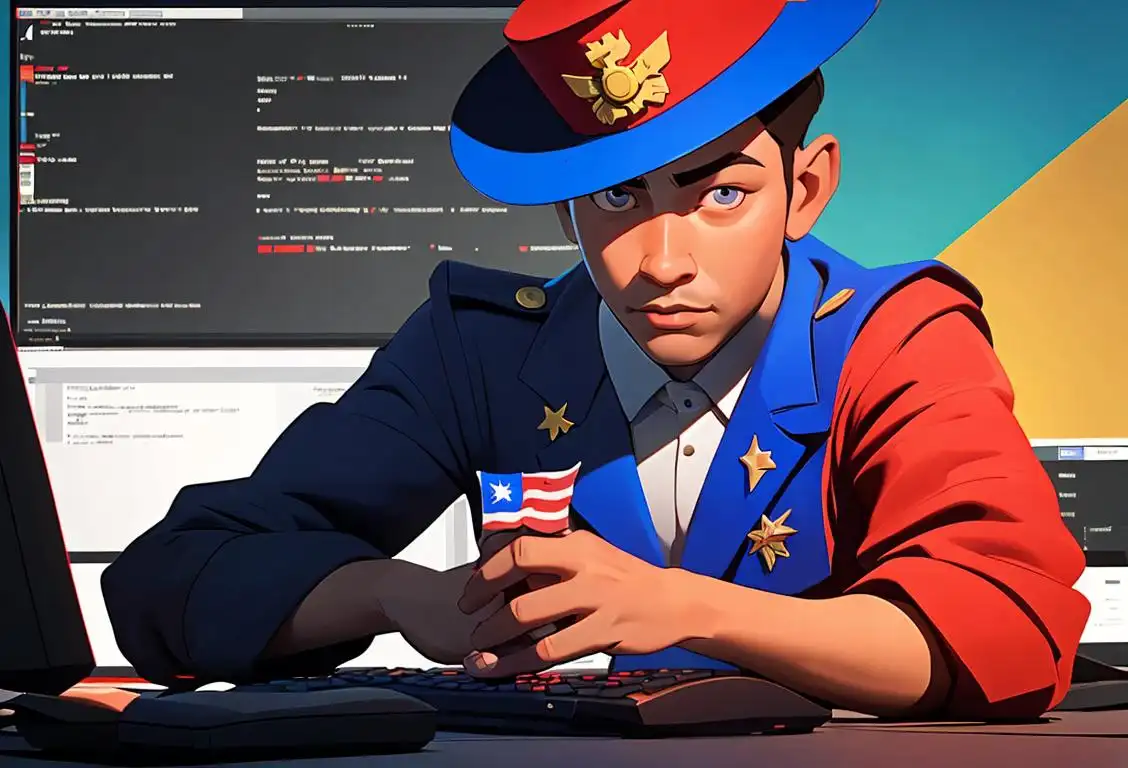 Illustration of a hacker wearing a patriotic hat and holding a Philippine flag, surrounded by a computer screen with code and binary numbers.