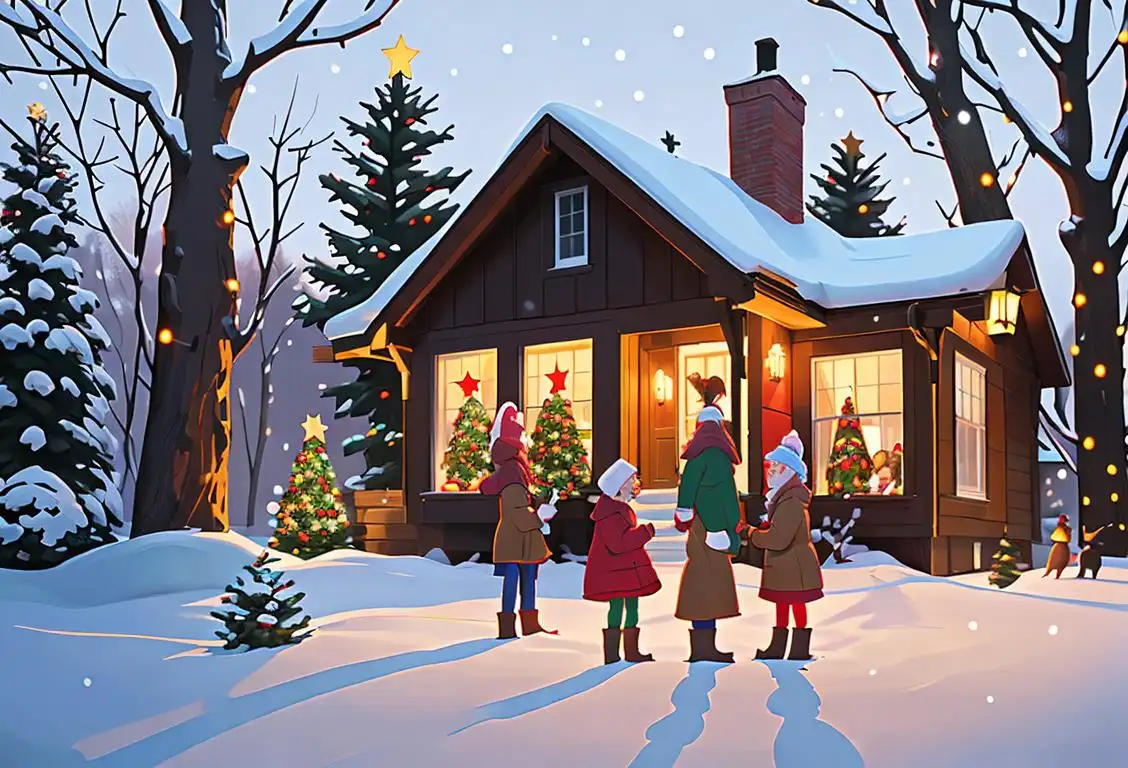 Family standing outside their home in a winter wonderland, adorned with colorful Christmas lights and wearing cozy winter outfits. Snow-covered trees in the background..