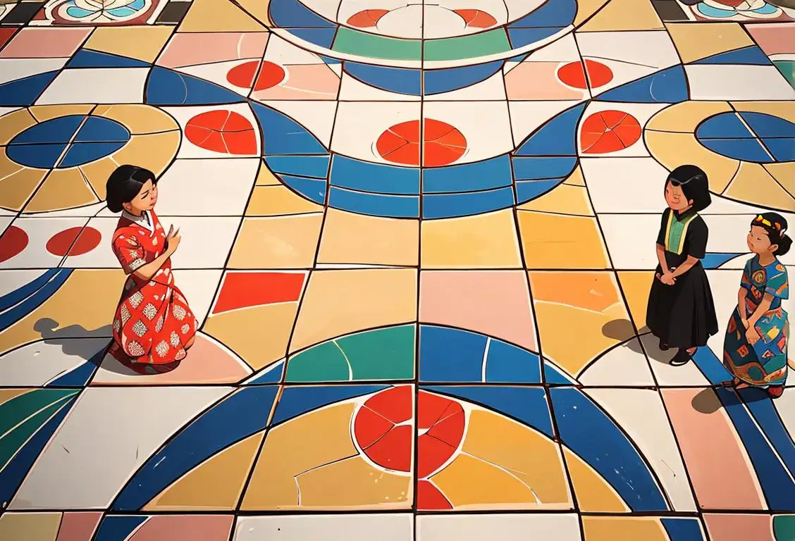 A diverse group of people admiring beautifully patterned tiles, each person representing a different culture, celebrating National Tile Day in a vibrant mosaic-filled plaza..