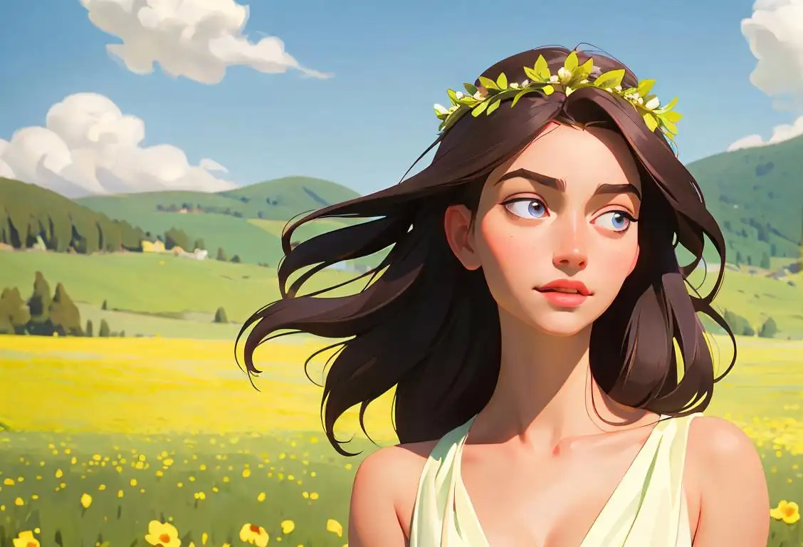 Young woman with flowing dress, flower crown, in a serene meadow, radiating beauty and happiness..