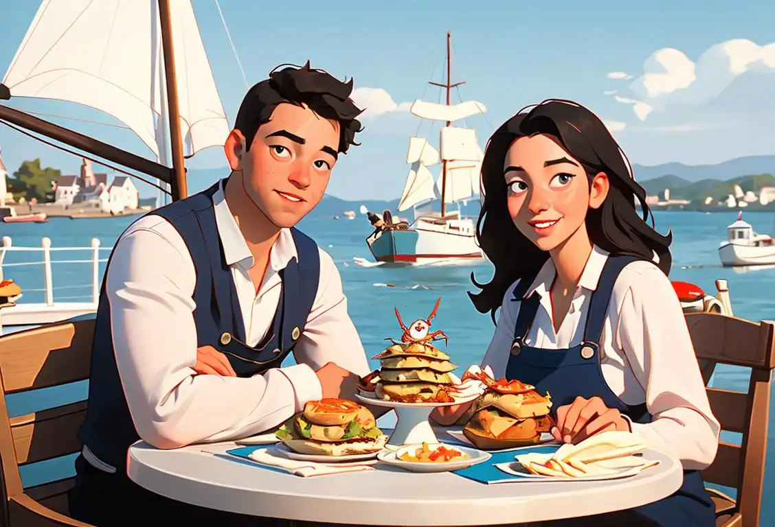 Young couple enjoying crab cakes at a waterfront restaurant, wearing nautical-themed outfits, sailing boats in the background..