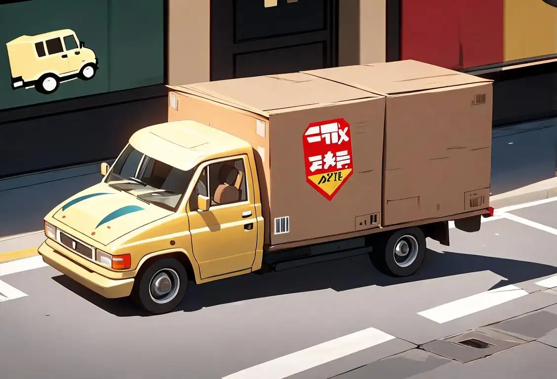 A delivery truck with a cheerful driver, wearing a uniform, surrounded by packages in a bustling city street..