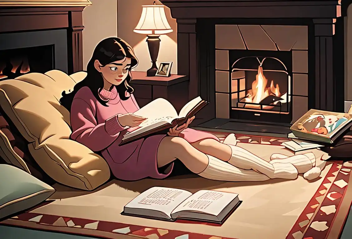 A cozy living room with a lumpy rug, featuring a person wearing fuzzy socks, reading a book by the fireplace..