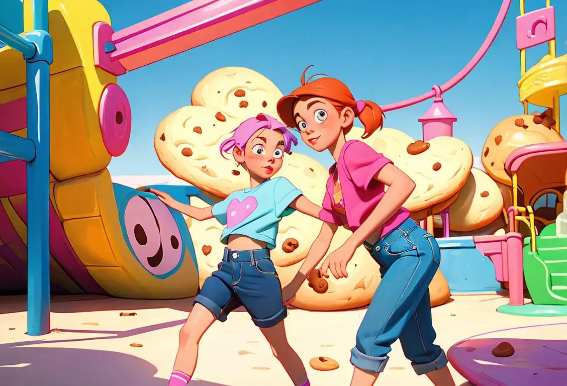 Two siblings playfully tugging on opposite ends of a cookie, wearing 90s style fashion, colorful playground setting..