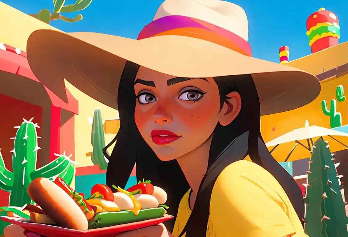 Young woman enjoying a tequila hot dog, wearing a sombrero, festive Mexican fiesta scene, with cactus decorations and vibrant colors..