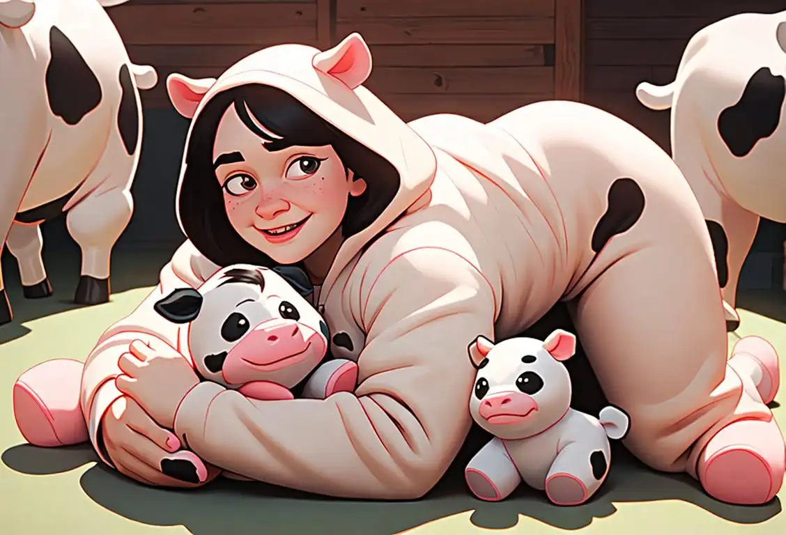 A cheerful person wearing a cow onesie, surrounded by cow plush toys, in a whimsical barnyard setting..