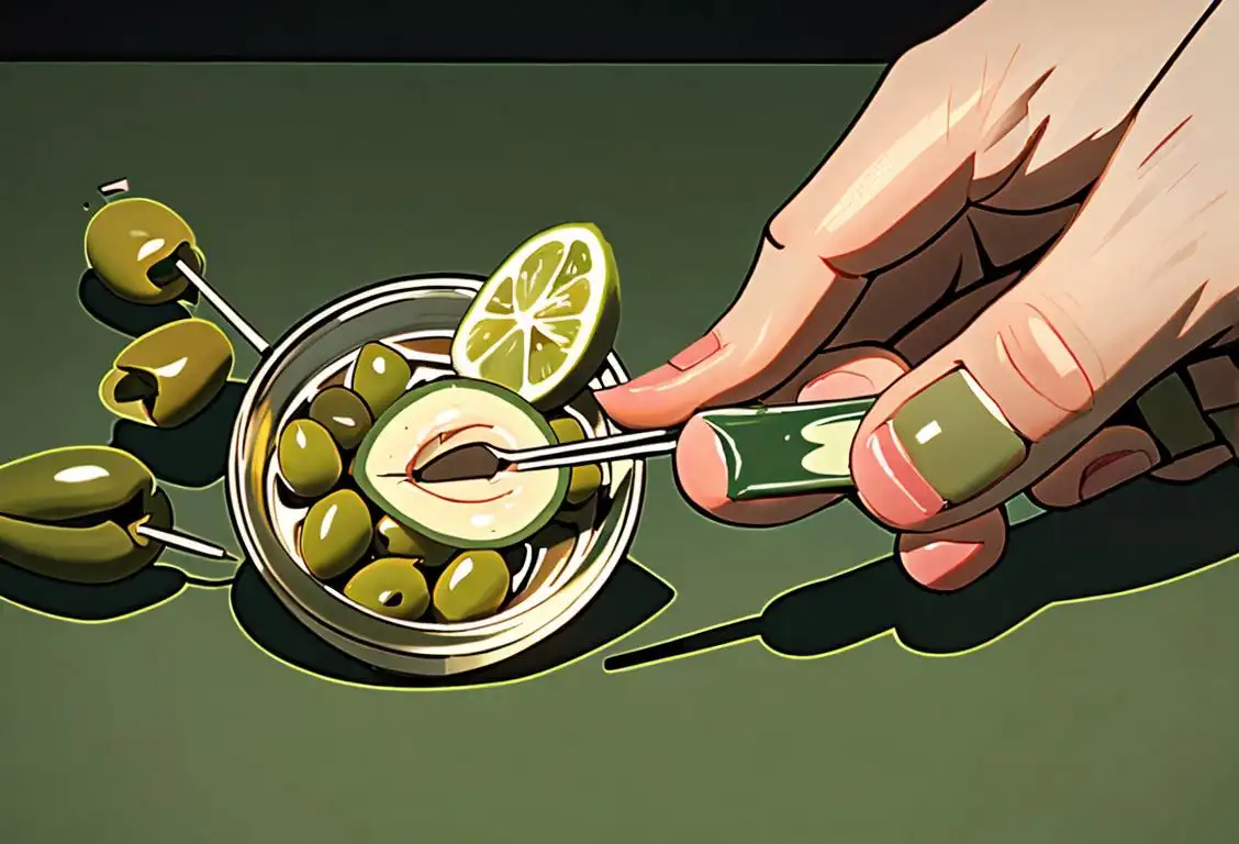 A close-up of a hand holding a toothpick piercing a green olive, while surrounded by jars of various olive flavors. Mediterranean-inspired decor in the background..