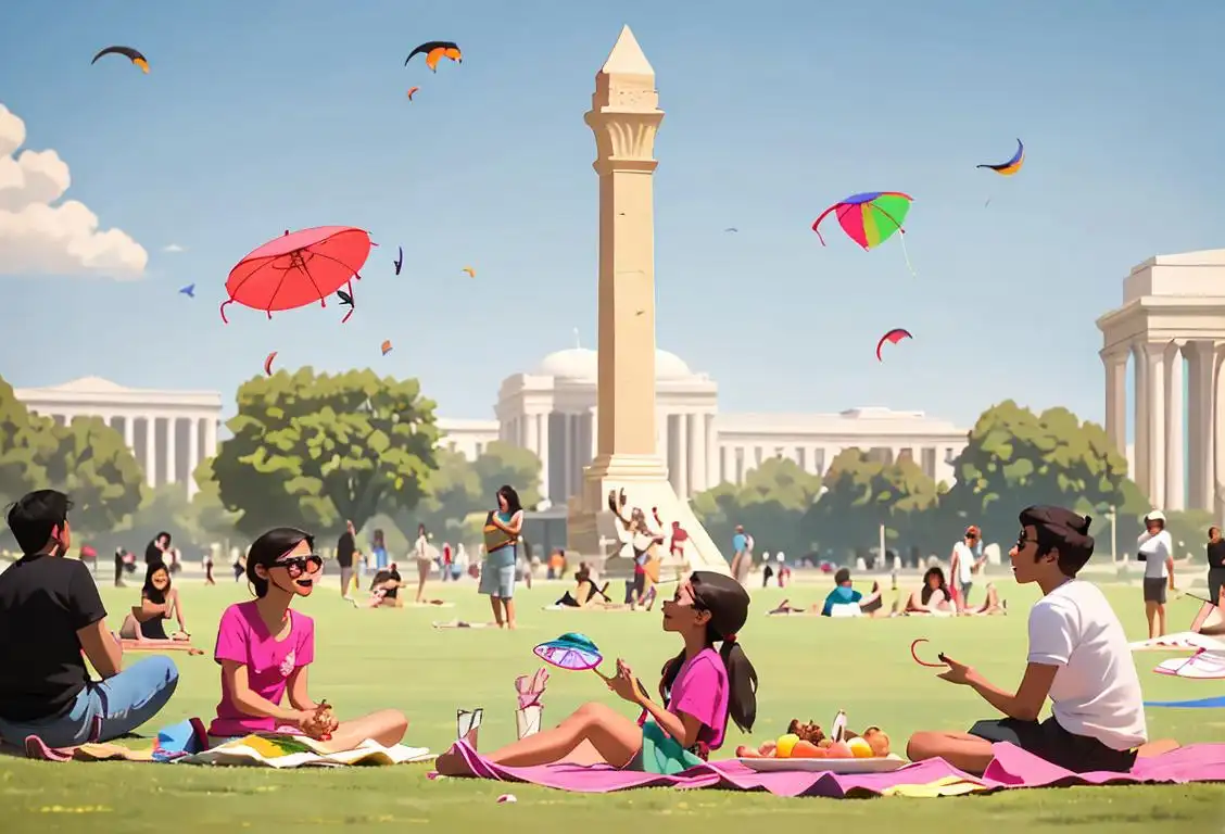 A diverse group of people gathering at the National Mall, wearing casual summer outfits, enjoying different activities like picnicking, playing frisbee, and flying kites..