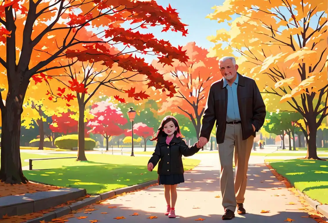 Father and daughter walking hand in hand, enjoying a scenic park with colorful autumn leaves..