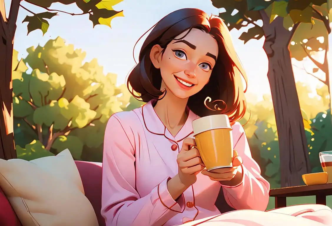 A cheerful person wearing cozy pajamas, enjoying a cup of coffee, surrounded by morning sunlight and nature..