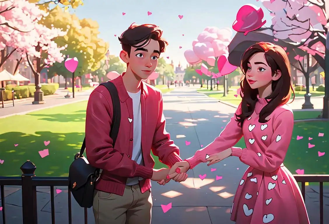 Young couple holding hands, surrounded by hearts, wearing casual Valentine's Day outfits, park setting..