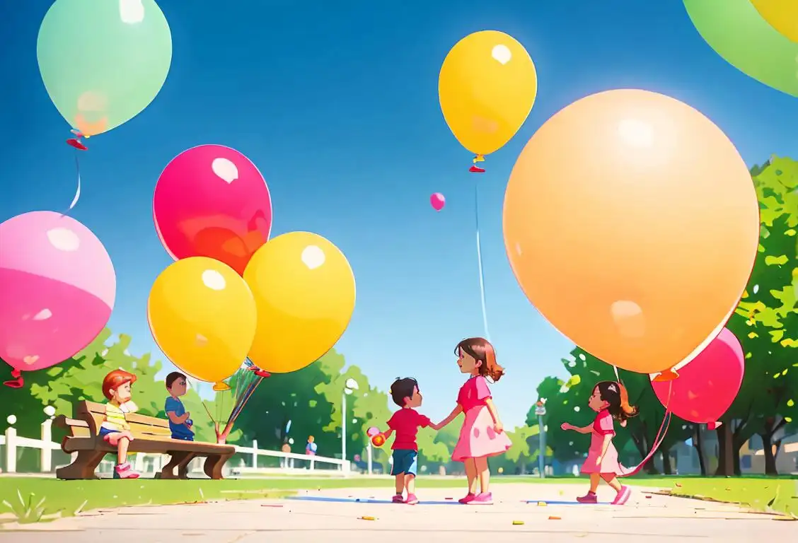 Child playing safely in a park with a group of friends, wearing bright colored clothes, surrounded by balloons..