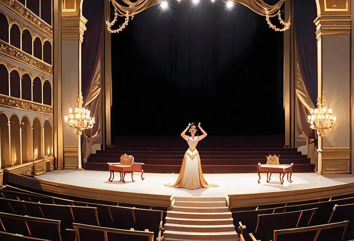 Opera singer in elegant costume, performing on a grand stage, surrounded by a majestic opera house adorned with chandeliers..