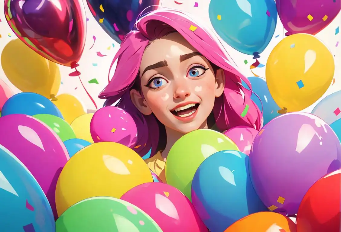 Happy person with a range of expressions, wearing colorful clothes, surrounded by colorful balloons and confetti..