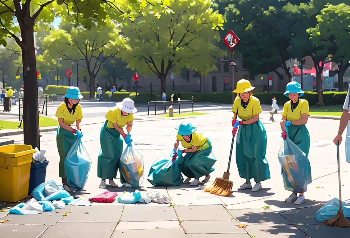A group of people, wearing protective gloves and holding trash bags, cleaning up a park with smiles on their faces..