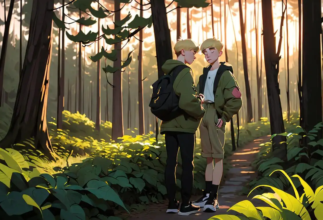 Two young men exploring a mysterious forest at dusk, dressed in modern streetwear with adventurous accessories..