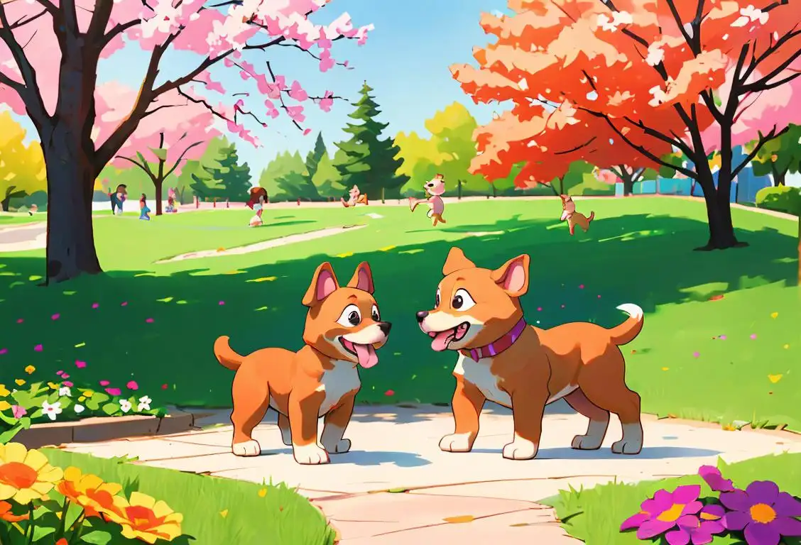 Happy puppies playing outside in a colorful park, surrounded by flowers and children with big smiles on their faces..