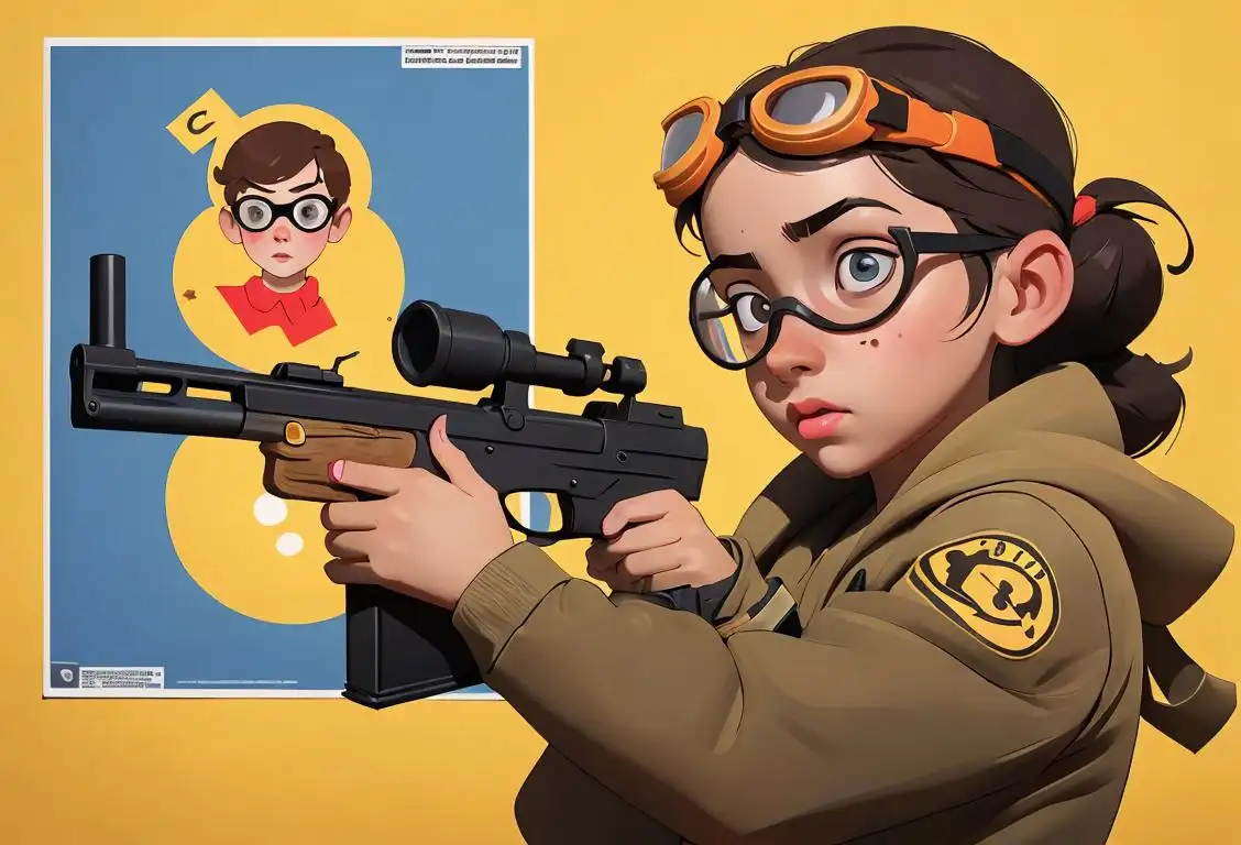A young girl wearing safety goggles, holding a toy gun, surrounded by educational posters on gun safety..