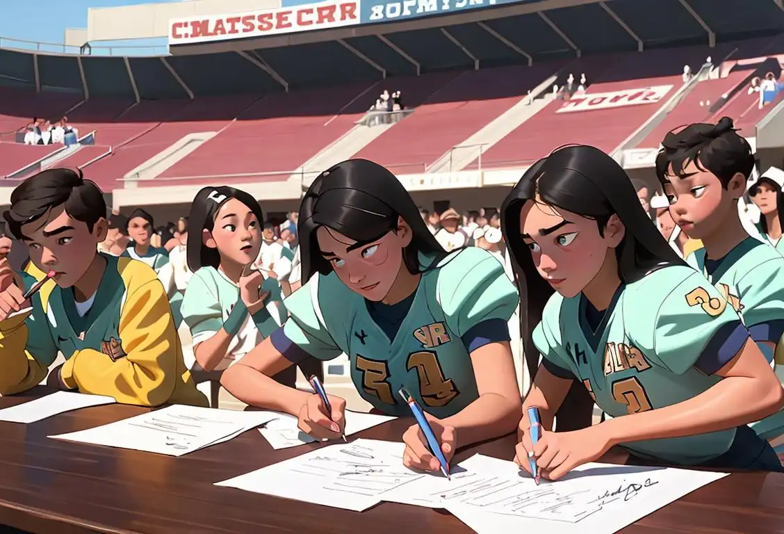 Young athletes dressed in their college team's jerseys, holding signed pen and paper, surrounded by cheering crowd, stadium setting..