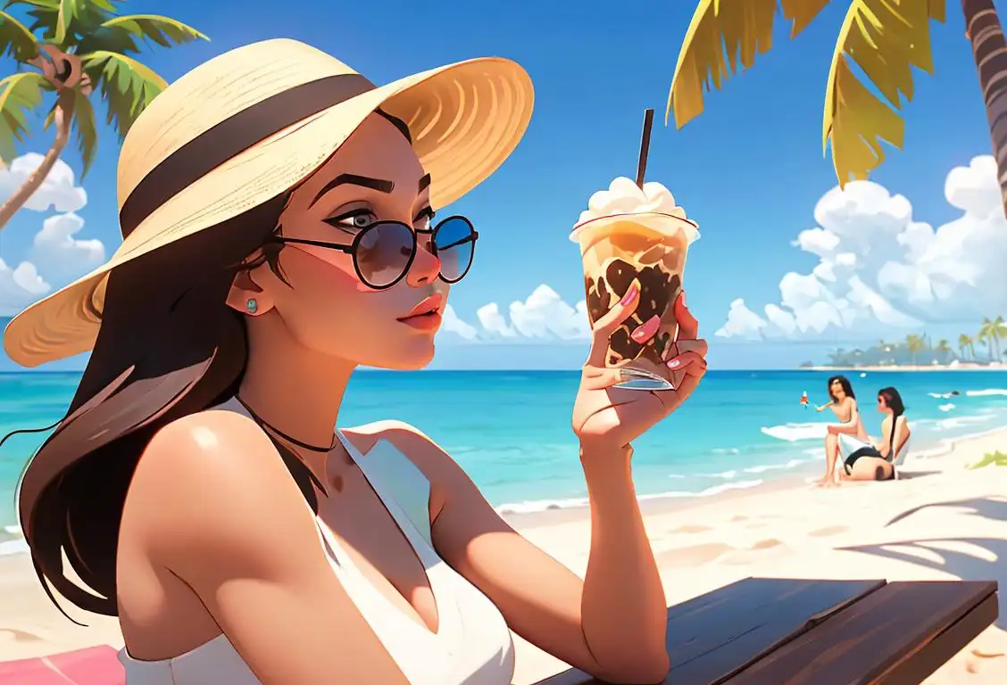 Young woman sipping a frappe, wearing sunglasses and a sundress, at a beach cafe with palm trees in the background..