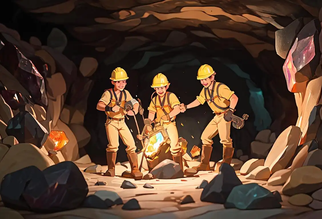 Joyful miners, wearing hard hats and work boots, deep underground, surrounded by dazzling minerals and precious treasures..
