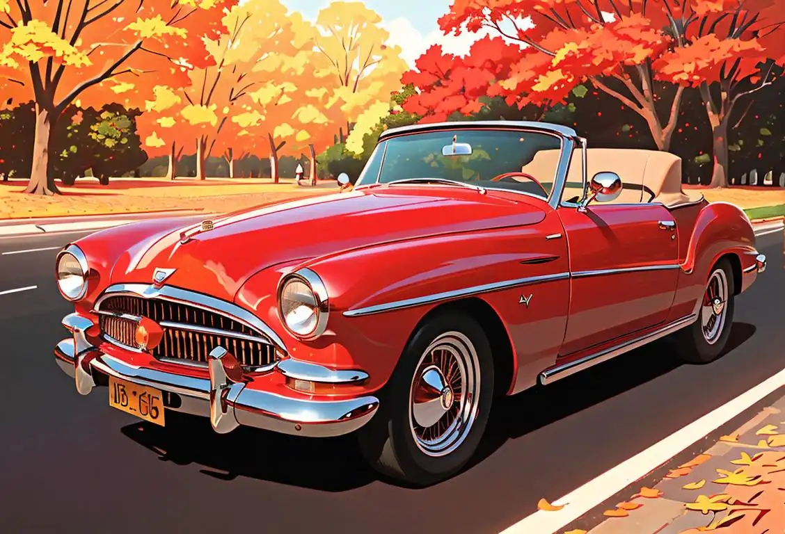 A vintage red convertible car with shiny chrome details parked in a picturesque street, surrounded by colorful autumn leaves..