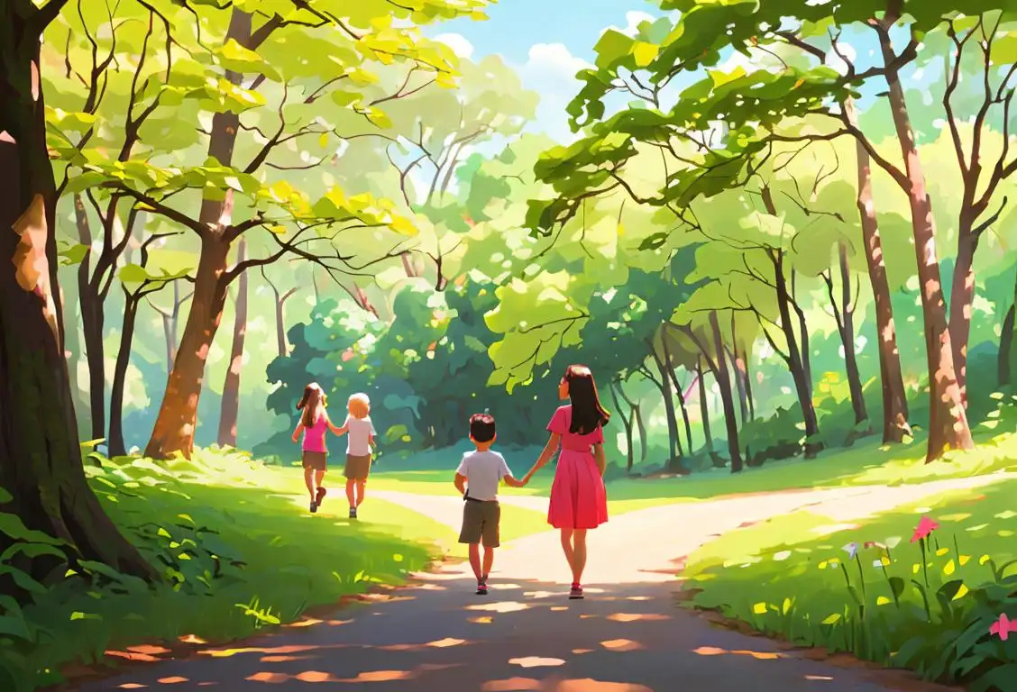 Families hiking through a lush forest with picnic baskets, wearing colorful summer outfits, enjoying the beauty of nature on National Parks Day..