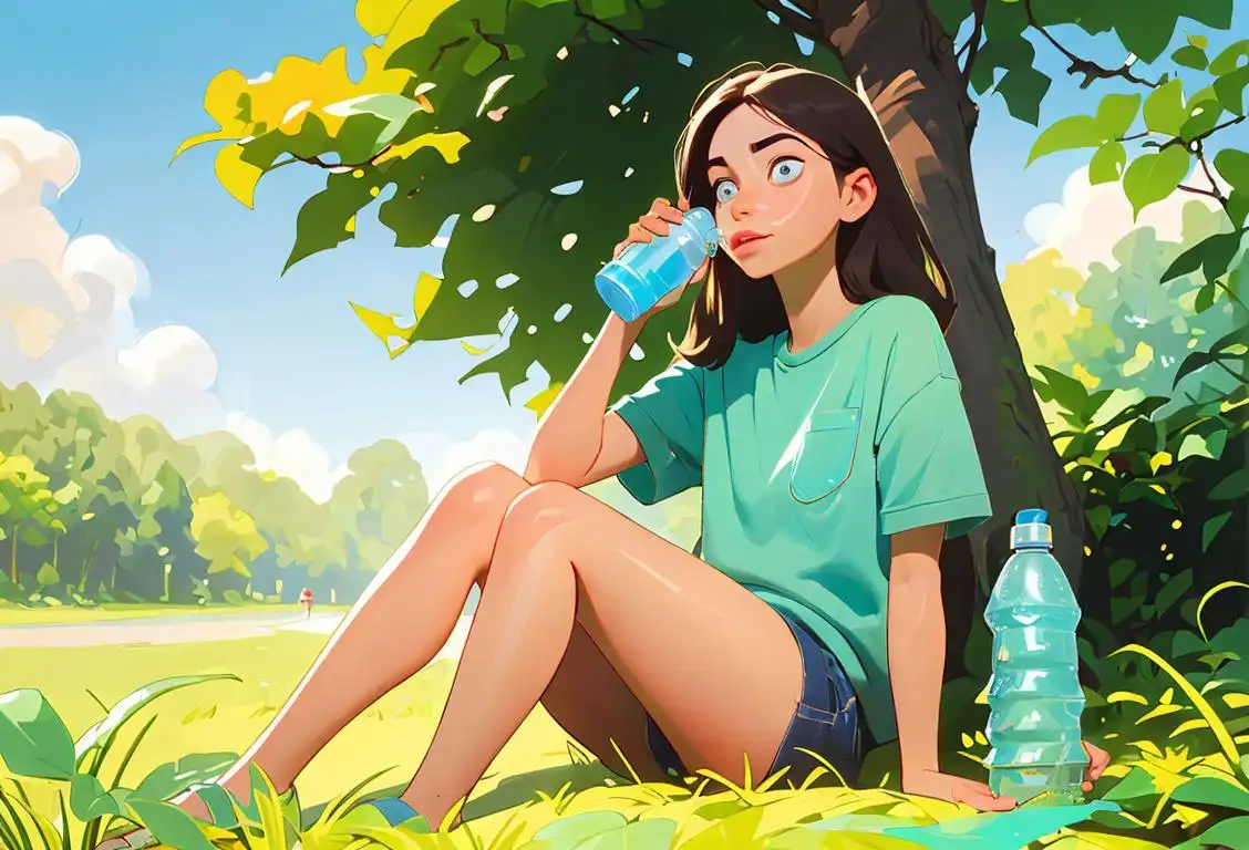 Illustration of a person holding a reusable water bottle, surrounded by lush greenery, wearing casual clothing and a sunny outdoor scene..