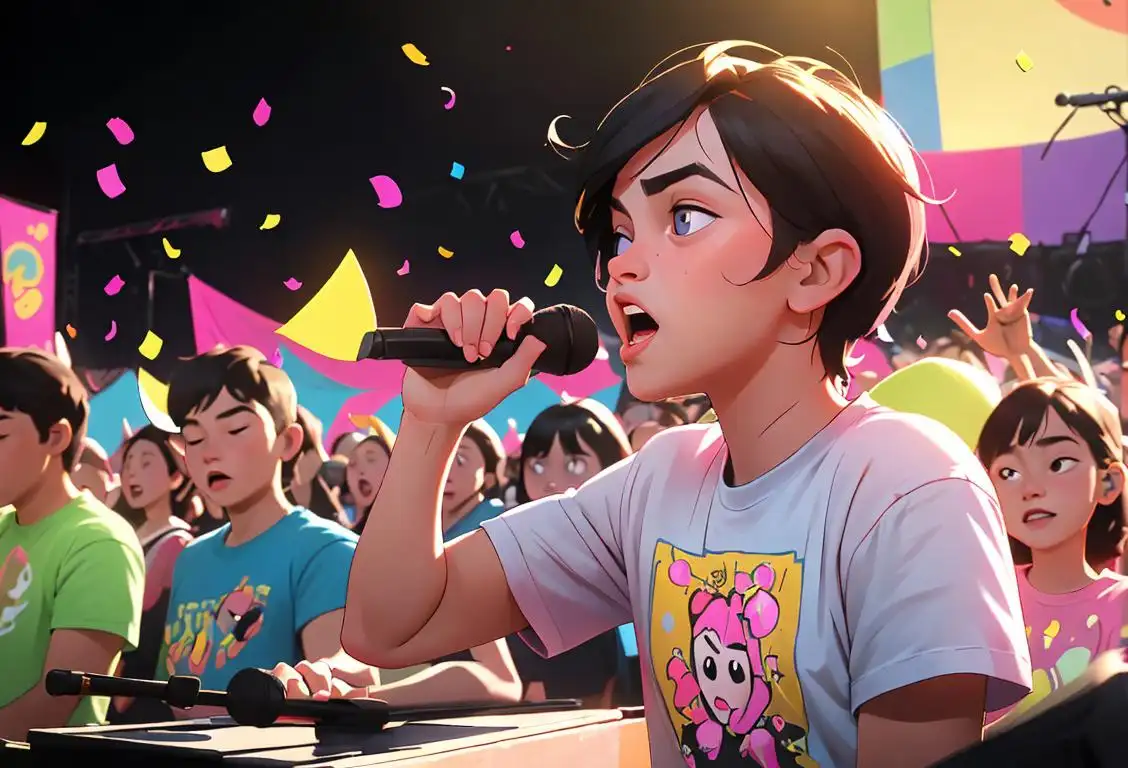 Young concert-goers rocking out to live music, wearing their favorite band t-shirts, colorful festival fashion, energetic crowd, with confetti in the background..