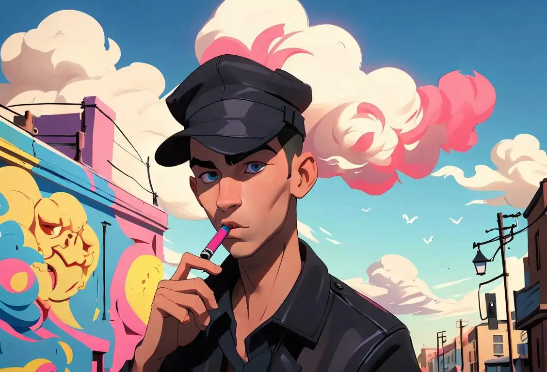 Young man blowing a cloud of vapor, wearing a trendy cap, urban street scene with colorful graffiti in the background..