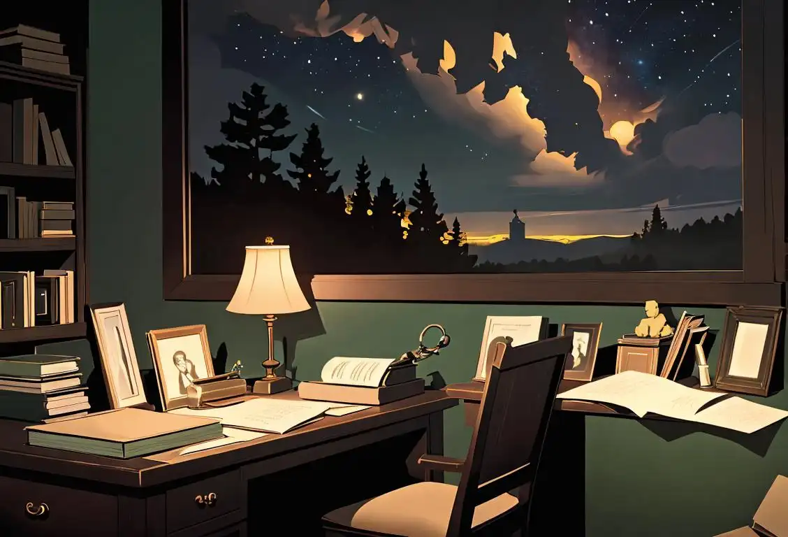 A cozy writer's desk with a typewriter, surrounded by stacks of books, overlooking a serene natural landscape under a starry night sky..