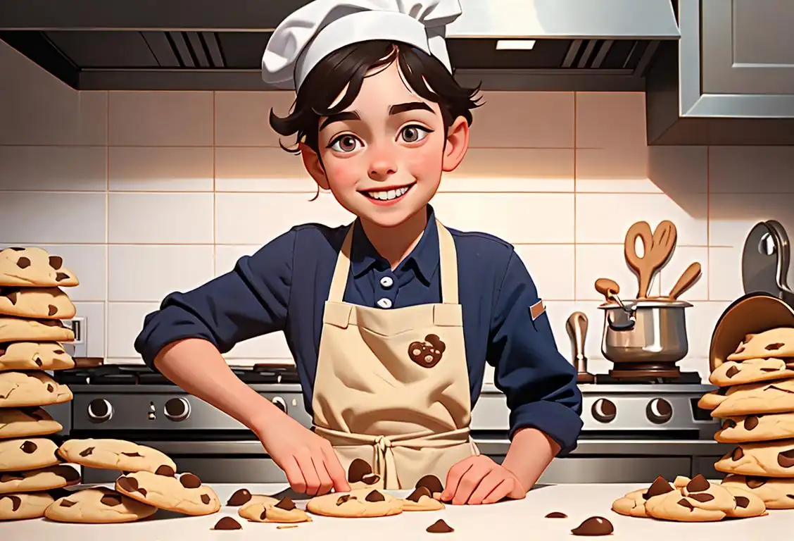 A young child with a wide grin, wearing an apron and chef's hat, surrounded by a variety of cookies in a colorful kitchen..