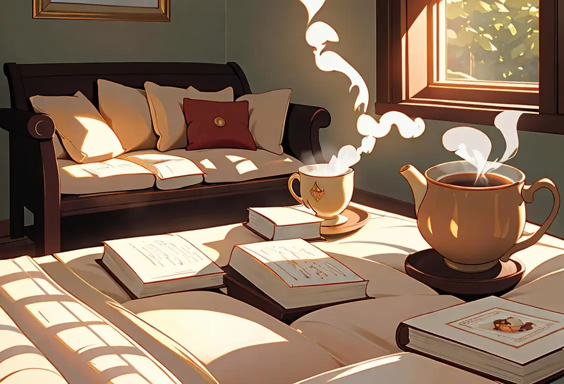 Cozy nook with a paperback book, warm quilt, steaming cup of tea, and sunlight streaming through a window..