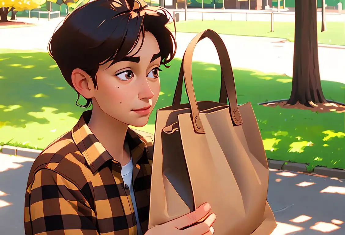 Young adult holding a brown bag lunch, wearing a plaid shirt, with a sunny park scene in the background..