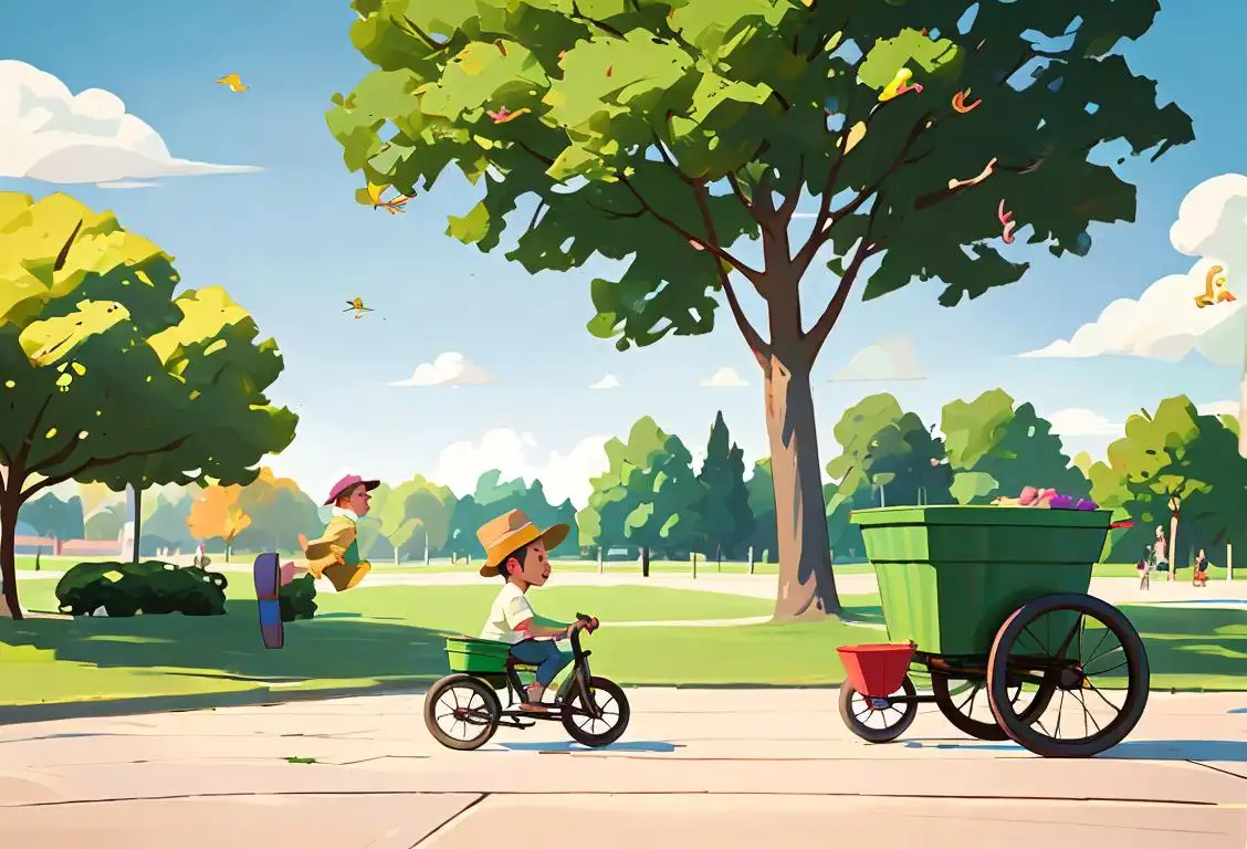 A curious child chasing a wheelybin that's floating in the air, wearing an adventure cap, colorful summer clothes, park setting..