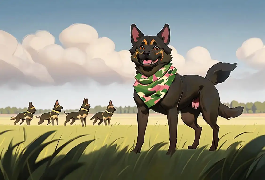 Military dog wearing a camouflage bandana, standing courageously in a grassy field, surrounded by soldiers in uniform..