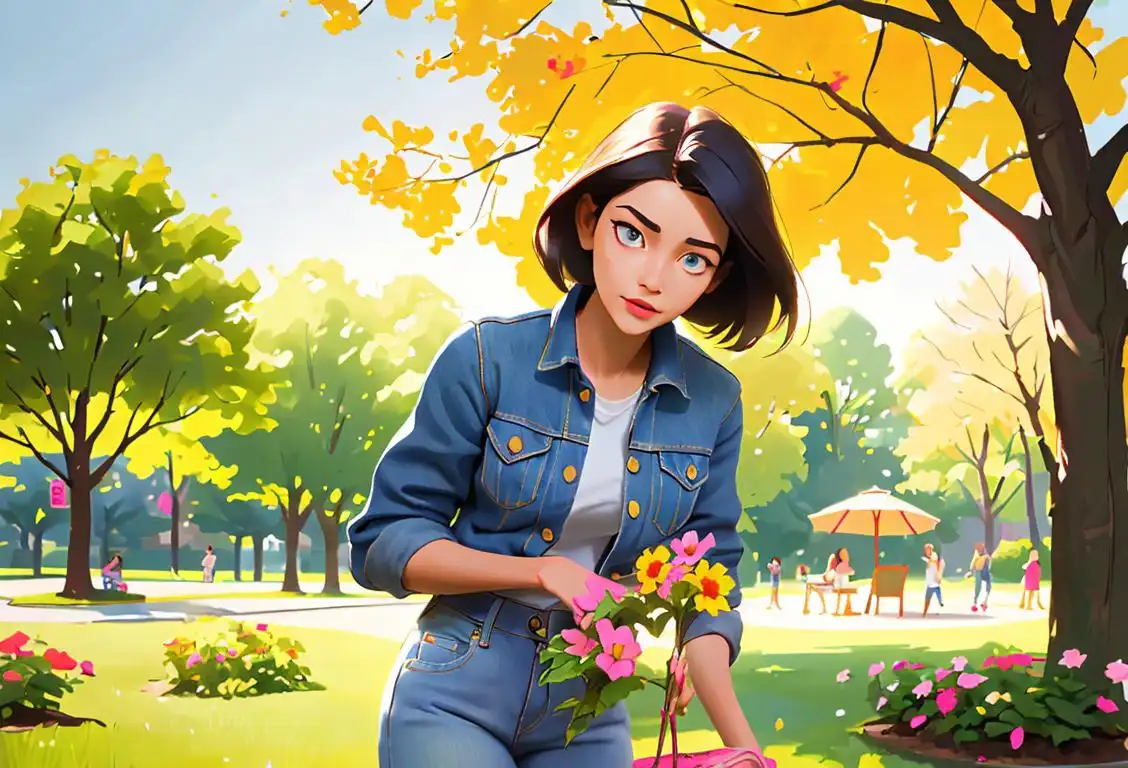 Young woman planting a tree, wearing a denim jacket, eco-friendly fashion, sunny park scene with colorful flowers..
