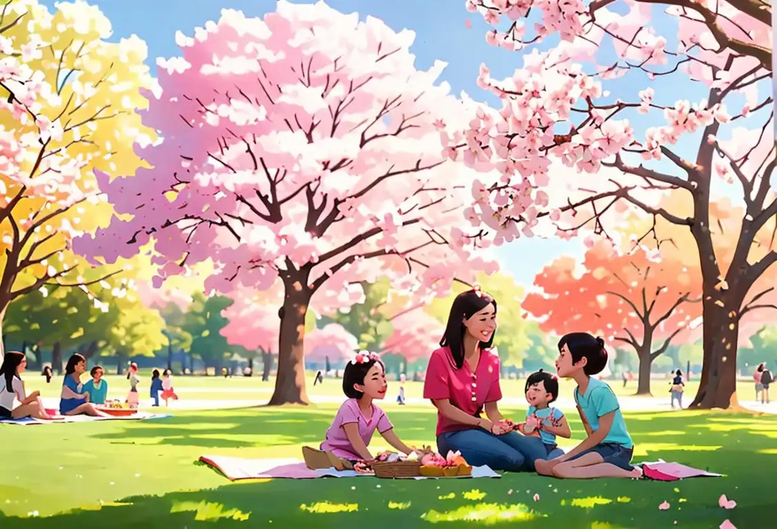 Young family having a picnic on the National Mall, wearing summer outfits, surrounded by iconic monuments and cherry blossom trees..