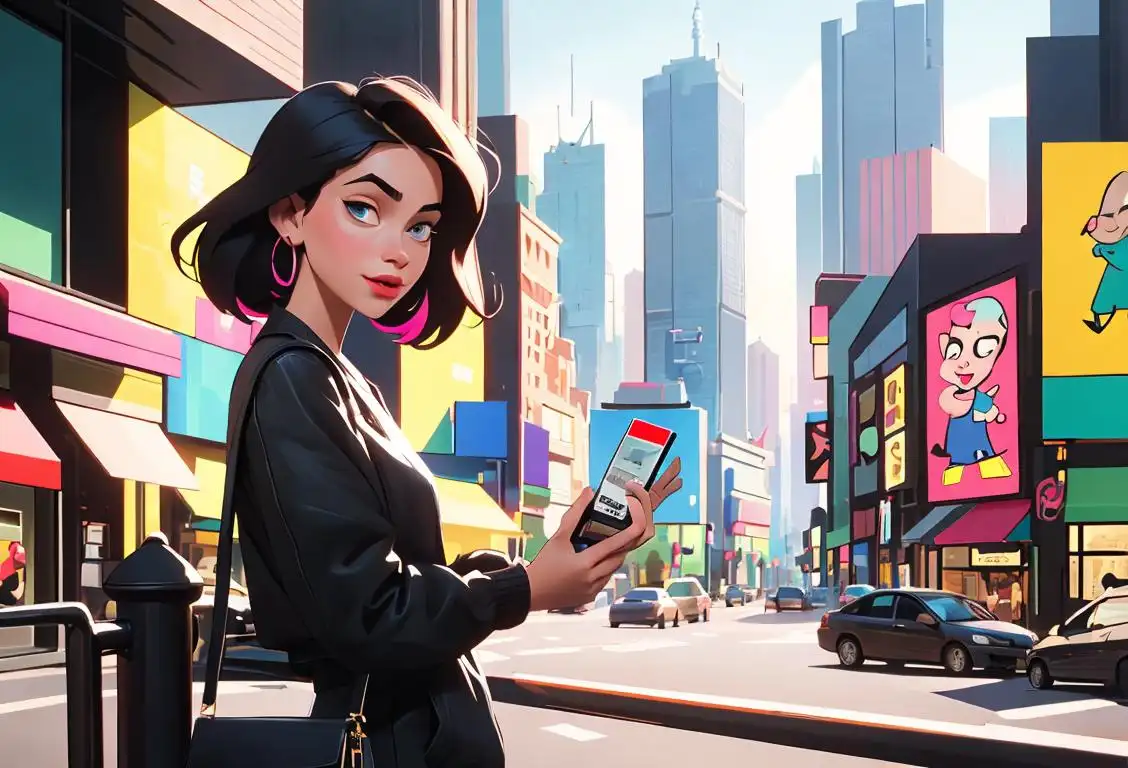 Young person holding a credit card, wearing a trendy outfit, surrounded by a vibrant cityscape with skyscrapers and shops..