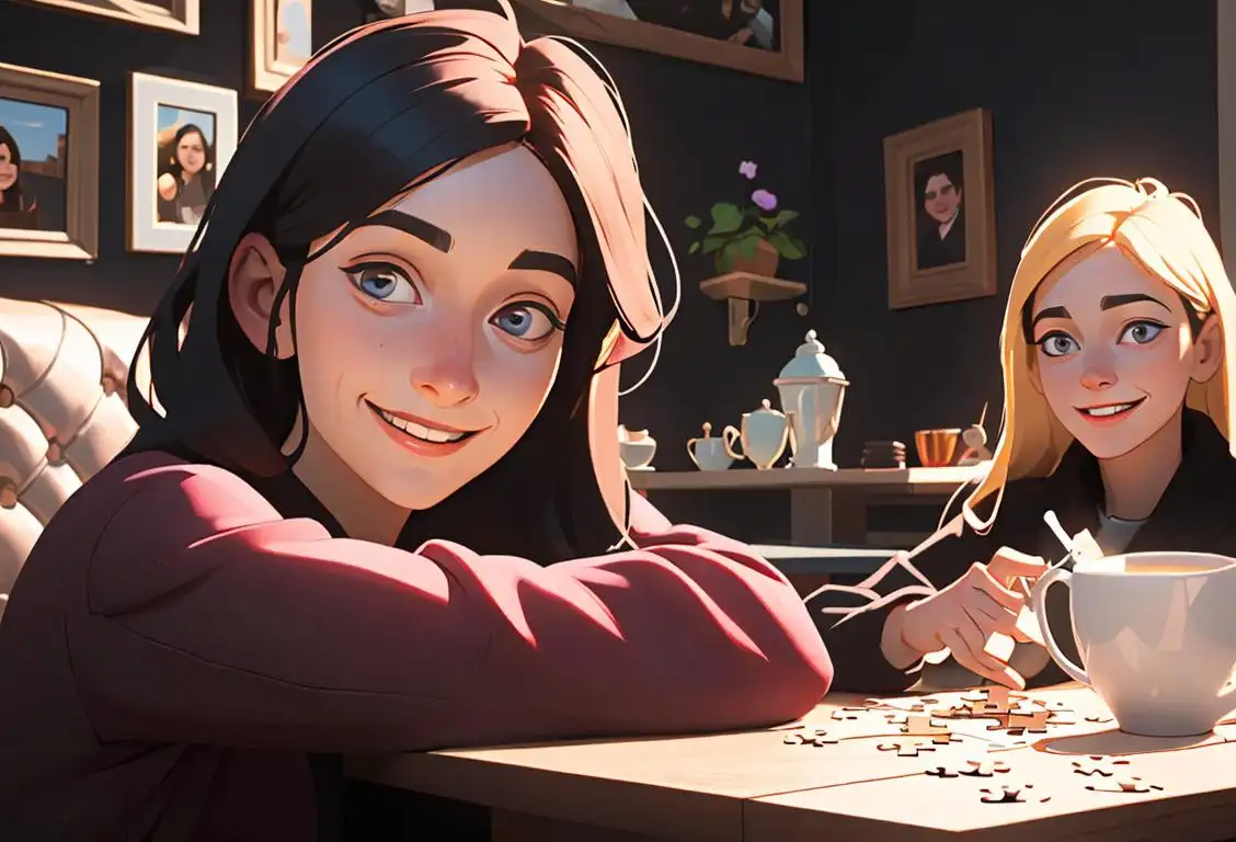 Young woman with a kind smile, holding a puzzle piece, surrounded by supportive friends in a cozy cafe..